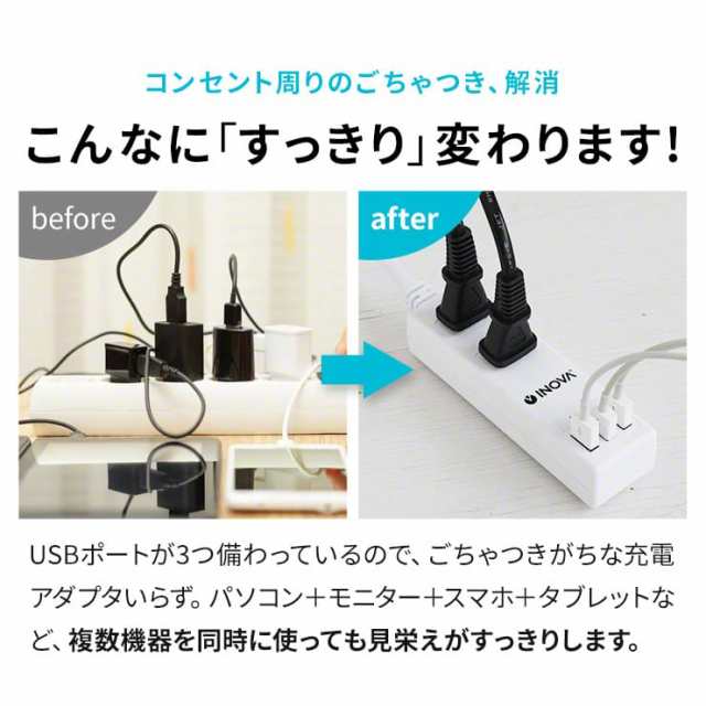 延長コード 電源タップ USB付き おしゃれ コンセント 壁 固定 USB充電