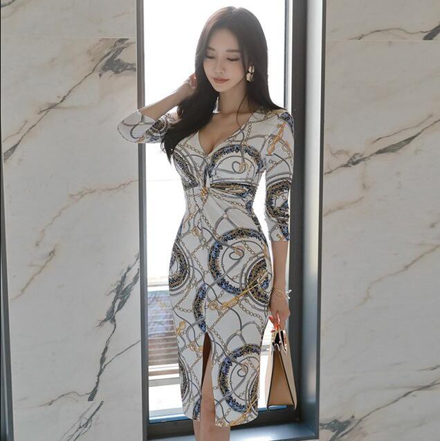 人気 7分袖 プリント キャバドレス Vネック マキシワンピ 女性 ファッション タイトワンピース お洒落 レディース ワンピ 服 通勤 Olの通販はau Pay マーケット Silver Color