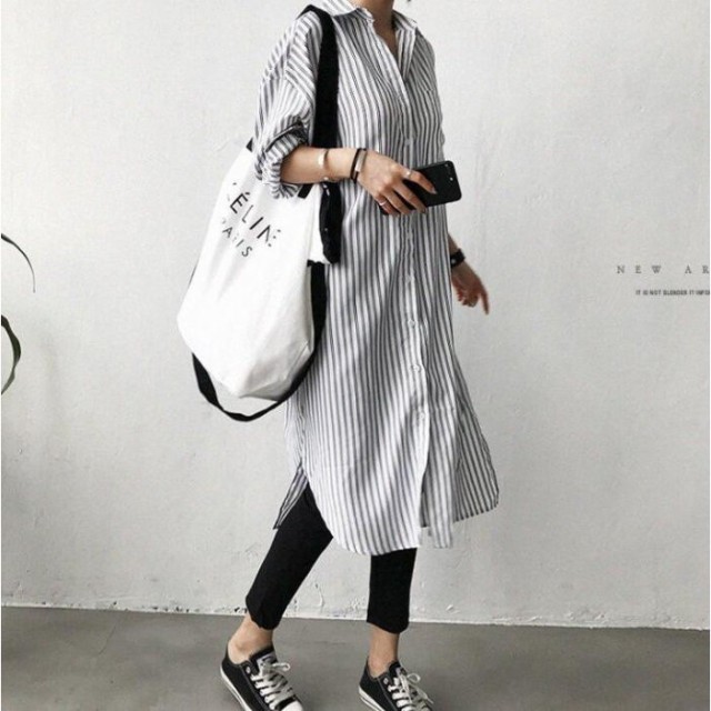 シャツワンピース ロングシャツ レディース ロングワンピース ロング丈 春服 長袖 ストライプ 大きいサイズ ゆったり 体型カバー 新作の通販はau Pay マーケット Silver Color
