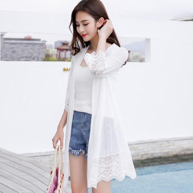 ロングカーディガン レース 切り替え 白 七分袖 ボタンなし ギザギザ裾 ゆったり レディース uvカット ビーチウェア 水着の上に着る服|au PAY マーケット