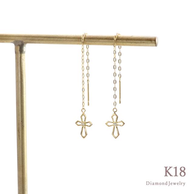 18金アメリカンピアス 18k ピアス クロス 十字架 レディース