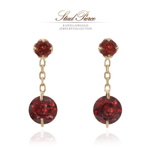 ガーネット ピアス 18金 イエローゴールド 18K レディース ジュエリー プレゼント 記念日 誕生日 K18 揺れる ガーネットピアス おしゃれ 可愛い 2石 ゆれる スタッド ゴールド 赤色 レッド 天然石 宝石 本物 天然 1月 誕生石 女性 彼女 妻 嫁 娘 誕生日プレゼント