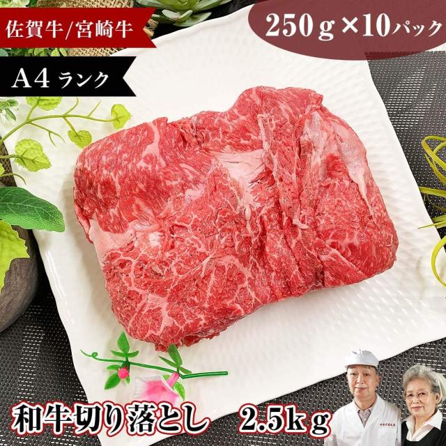 佐賀牛 宮崎牛 A4 切り落とし 2.5kg / 250ｘ10P すき焼き 鍋 こま切れ メガ盛り 霜降り 和牛 肉 通販 高級 ギフト お祝い ごちそう