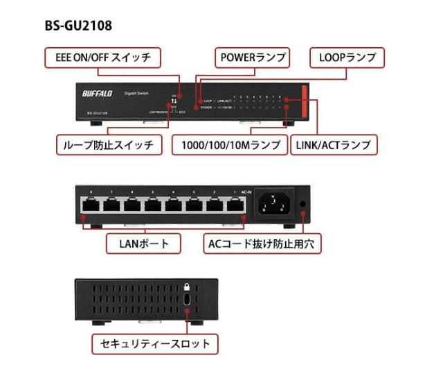 BUFFALO Giga 8ポート BS-GU2108 ハブ⑧ 10/100M対応 パソコン・PC周辺