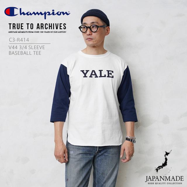 Champion チャンピオン C3-R414 V44 3/4スリーブベースボールTシャツ 日本製【Cx】【T】｜メンズ レディース トップス 7分袖 カレッジTシャツ カレッジロゴ イエール YALE 大学 ネイビー アメカジ おしゃれ