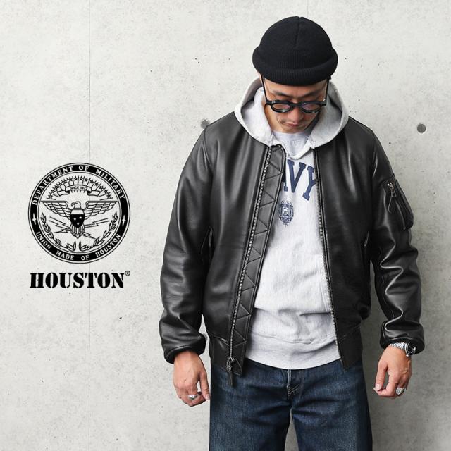 HOUSTON ヒューストン 8191 シープスキン レザー MA-1 フライトジャケット【R】｜レザージャケット ライダースジャケット 革ジャン 皮ジャン ミリタリージャケット メンズ アウター ブランド 本革 本皮 MA1 ノーカラー ブラック