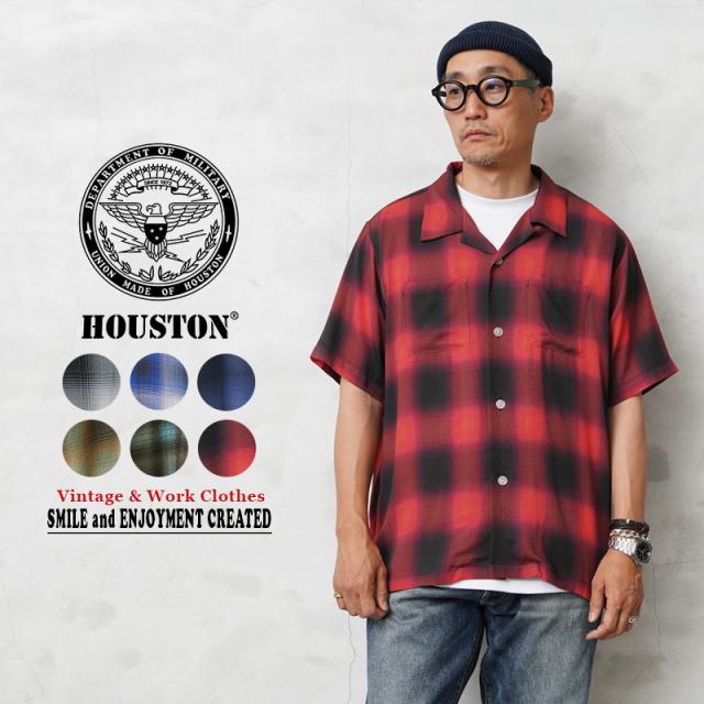 HOUSTON ヒューストン 40988 オンブレチェック アロハシャツ【R】｜メンズ トップス 半袖 開襟シャツ バッファローチェック 薄手 アメカジ ブランド ファッション おしゃれ