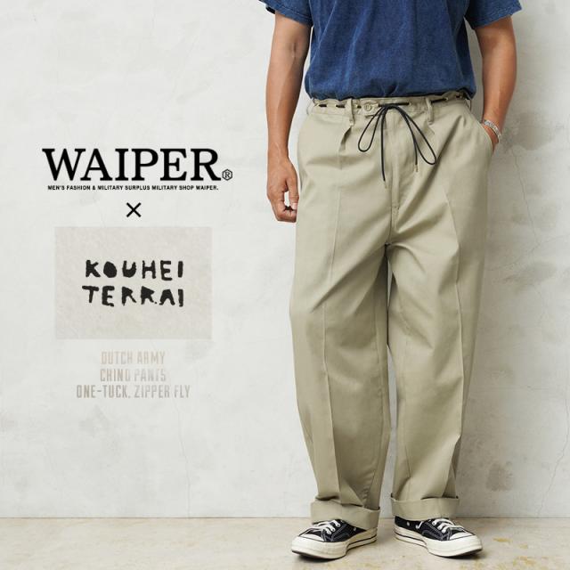 WAIPER.inc 実物 オランダ軍 リメイク チノパン / イージーパンツ ワンタック ジッパーフライ Remake by ”KOUHEI TERRAI”【Cx】【T】｜メンズ ボトムス 大きいサイズ ワイドパンツ ミリタリー ベージュ プリーツ 古着 ファッション おしゃれの通販は