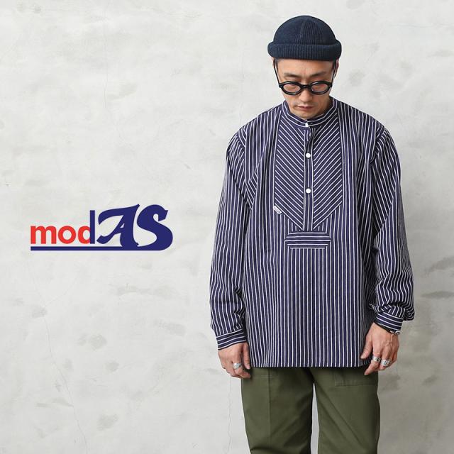 modAS モダス 1000 フィッシャーマンシャツ / ストライプ プルオーバーシャツ【T】【Sx】｜ワークシャツ ノーカラーシャツ メンズ トップス ブランド おしゃれ 大きいサイズ ネイビー