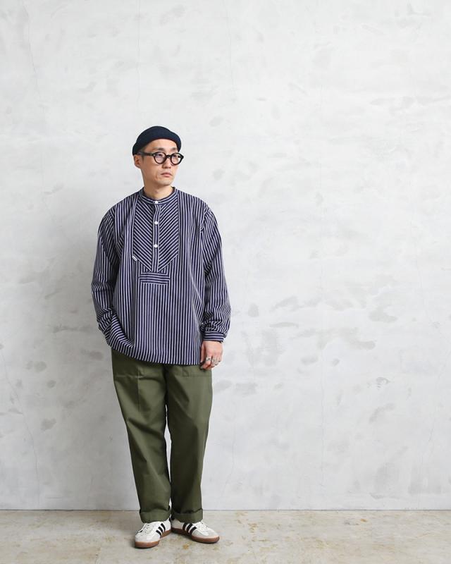 modAS モダス 1000 フィッシャーマンシャツ / ストライプ プルオーバーシャツ【T】【Sx】｜ワークシャツ ノーカラーシャツ メンズ トップス ブランド おしゃれ 大きいサイズ ネイビー_1