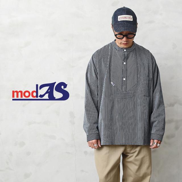 modAS モダス 8009 フィッシャーマンシャツ ポケット付き / ストライプ プルオーバーシャツ【T】【Sx】｜ワークシャツ ノーカラーシャツ ユーロワーク ヨーロッパヴィンテージ メンズ トップス ブランド おしゃれ 大きいサイズ ブルー ネイビー