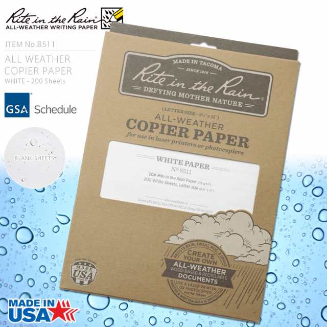 Rite In the Rain ライトインザレイン 米軍使用 ALL WEATHER COPIER PAPER 防水コピー用紙 WHITE 200 Sheets（8511）【T】の通販は