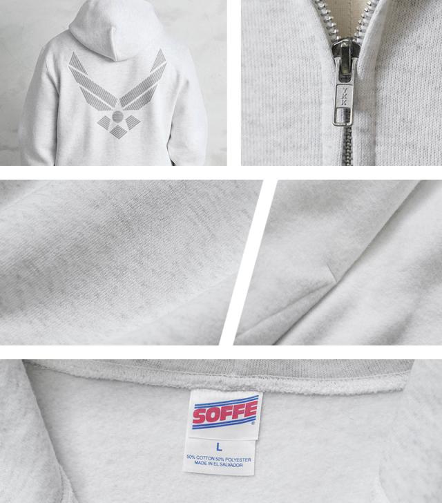 SOFFE ソフィー D1075419 OFFICIAL LICENSE U.S.AIR FORCE トレーニング スウェット ジップ フーディ / フルジップパーカー【Cx】【I】｜メンズ トップス ミリタリー 大きいサイズ アメカジ バックプリント ブランド おしゃれ