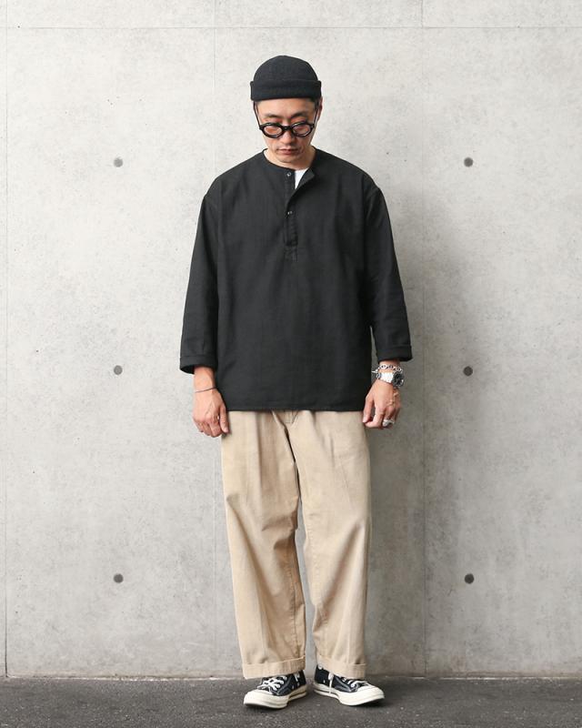 実物 新品 デッドストック ロシア軍 70s ヘンリーネック スリーピングシャツ BLACK染め【Cx】【I】｜メンズ トップス ノーカラー 黒 無地 プルオーバー 古着 ファッション おしゃれ_1