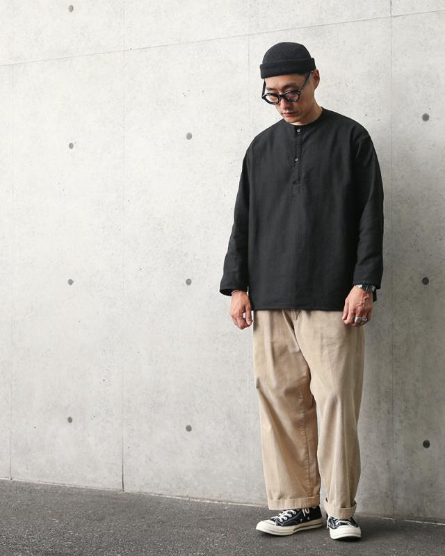 実物 新品 デッドストック ロシア軍 70s ヘンリーネック スリーピングシャツ BLACK染め【Cx】【I】｜メンズ トップス ノーカラー 黒 無地 プルオーバー 古着 ファッション おしゃれ_4