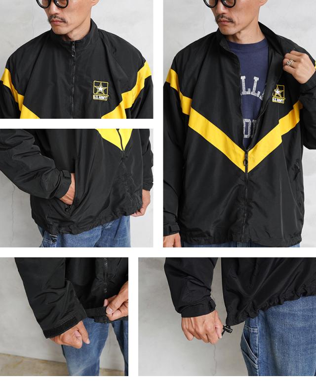 実物 USED 米軍 U.S.ARMY BLACK APFU トレーニングジャケット【Cx】【I】｜フィットネス ウィンドブレーカー ジャンパー 古着 メンズ アウター ミリタリー おしゃれ 黒 ブラック