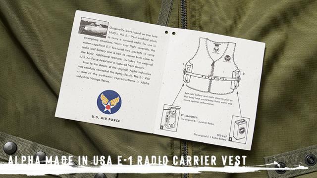 ALPHA アルファ デッドストック MADE IN USA E-1 ラジオベスト OD【Cx】【I】｜米軍 フライトベスト ミリタリー アメカジ メンズファッション ナイロン U.S.AIR FORCE サバイバルベスト