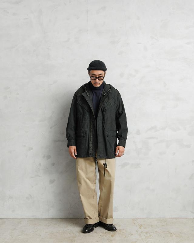 実物 USED ベルギー軍 M-64 AIR FORCE フーデッド フィールドジャケット DARK GREEN染め【Cx】【I】｜メンズファッション ミリタリージャケット モッズコート ユーズド 古着 フード付き アウター ミドル丈 空軍 モッズファッション_2