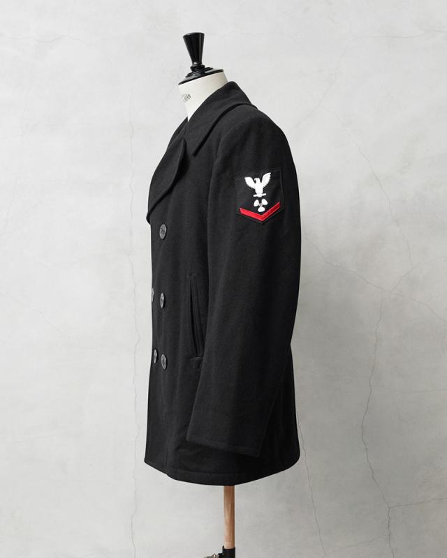 実物 USED 米軍 U.S.NAVY 階級章付き ウール ピーコート BLACK / Pコート PEA COAT【Cx】【I】｜メンズ アウター ミリタリー メルトン ジャケット ダブル 前立て ビジネス カジュアル 古着 おしゃれ
