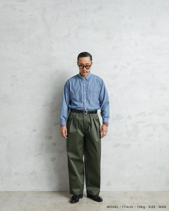 WAIPER.inc 実物 新品 デッドストック フランス軍 リメイク T/Cツイル DEEP TWO TUCK トラウザーズ OLIVE【I】【Cx】_1