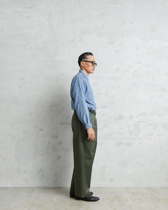 WAIPER.inc 実物 新品 デッドストック フランス軍 リメイク T/Cツイル DEEP TWO TUCK トラウザーズ OLIVE【I】【Cx】_2