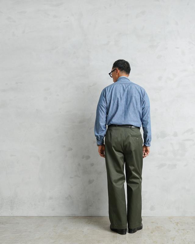 WAIPER.inc 実物 新品 デッドストック フランス軍 リメイク T/Cツイル DEEP TWO TUCK トラウザーズ OLIVE【I】【Cx】_3