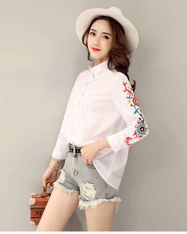 刺繍ブラウス シャツ 花柄シャツ 透けるブラウス 七分袖 白シャツ ホワイト スタンドカラー レディース カジュアル 通勤 上着 トップスの通販はau Pay マーケット ヨシコ商店