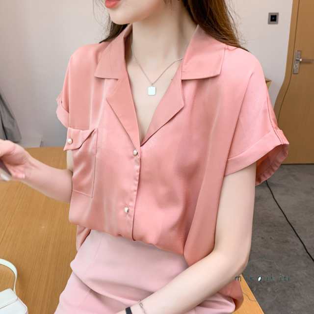 シャツ レディース 半袖 フレンチスリーブ サテン シャツブラウス フォーマル40代上品30代 通学通勤 夏服 トップス 前開き vネック