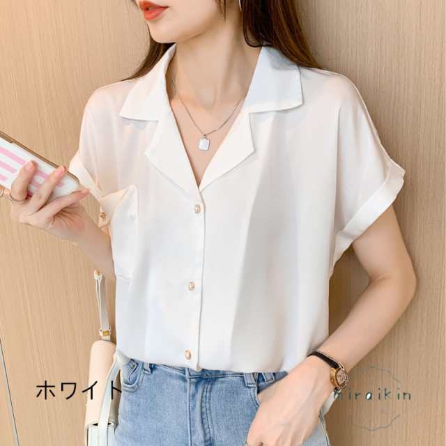 シャツ レディース 半袖 フレンチスリーブ サテン シャツブラウス フォーマル40代上品30代 通学通勤 夏服 トップス 前開き vネック