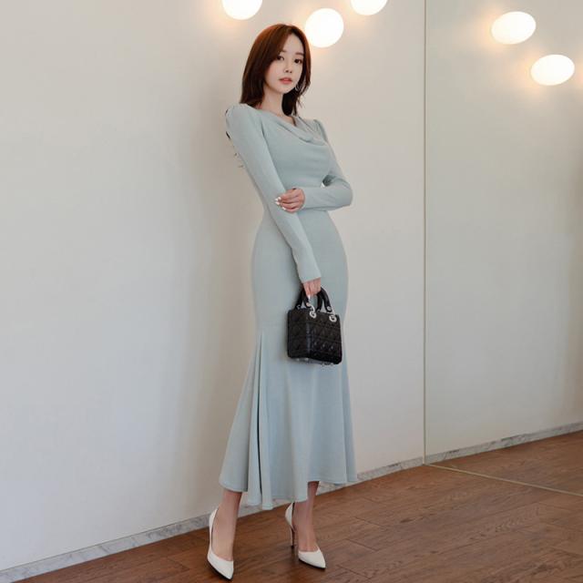 ロング丈ワンピース マーメイドワンピース タイトワンピ レディース 長袖 通勤 オフィス エレガント バッグヒップ スリム パーティードレの通販はau Pay マーケット ヨシコ商店