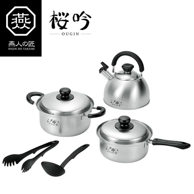 鍋 ステンレス セット 燕人の匠[桜吟] 片手鍋18cm&両手鍋20cm&ケトル2.5L(お玉・トング付) IH対応 ykm-0086の通販は