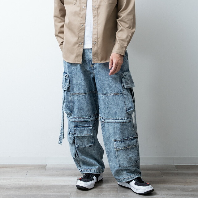カーゴパンツ メンズ ゆったり デニム ケミカルウォッシュ ジーパン デニムパンツ ワイド カーゴ パンツ おしゃれ プレゼント バギーパンツ イージーパンツ 無地 アメカジ シンプル ズボン 2WAY Gパン ネイビー 綿100 ストリート ブラック_10