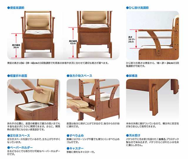 安寿 家具調ポータブルトイレ コンパクト 介護 - 介護用椅子・電動座椅子