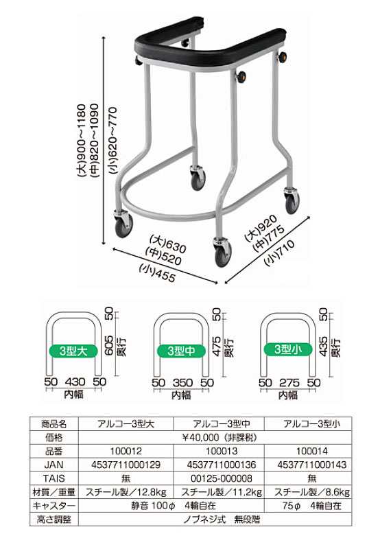 【定番人気SALE】歩行器 アルコー3型 中 星光医療　4輪自在 静音 高さ無段階　馬蹄型 介護食品