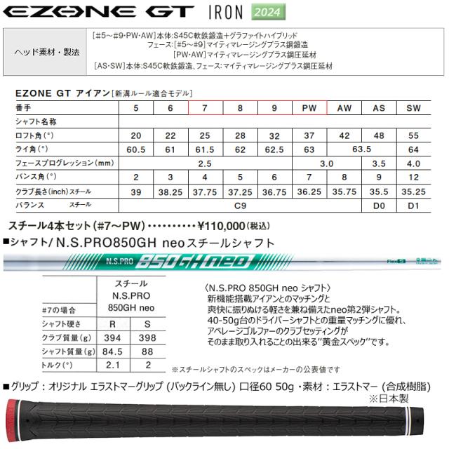 ヨネックス(YONEX) 2024 イーゾーン GT アイアン 4本組(#7-#9.PW)S 右用 (2024 EZONE GT IRON) N.S.PRO 850GH neo スチールシャフト