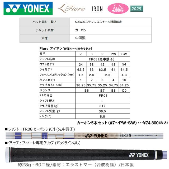 ヨネックス (YONEX) 2025 フィオーレ (Fiore) レディース アイアン 5本組(＃7-9.PW.SW)L 右用 FR08 カーボンシャフト