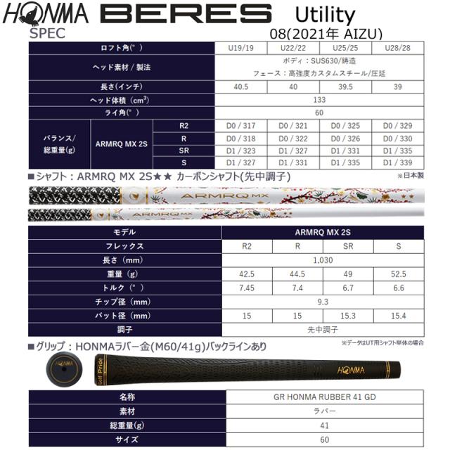 本間ゴルフ (ホンマ/HONMA) BERES 08 2021 (ベレス 08 アイズ) AIZU ユーティリティー 右用 アーマック MX 2Star★★ カーボンシャフト 会津絵_14
