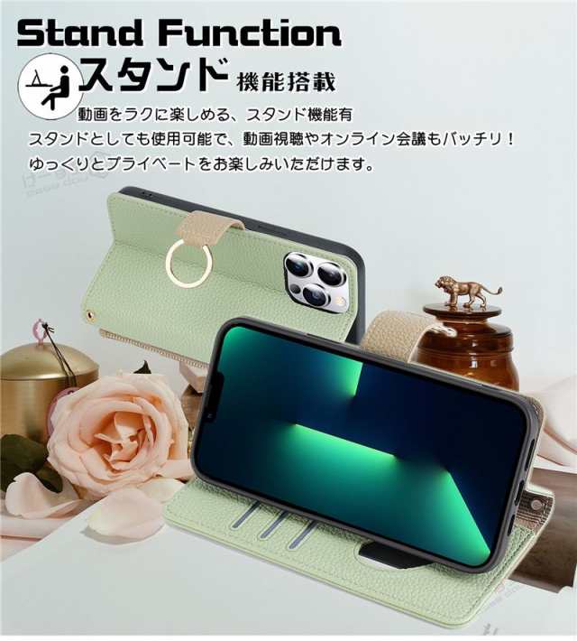 ミラー付き iPhone15 スマホケース手帳型 チェーン型 ショルダー