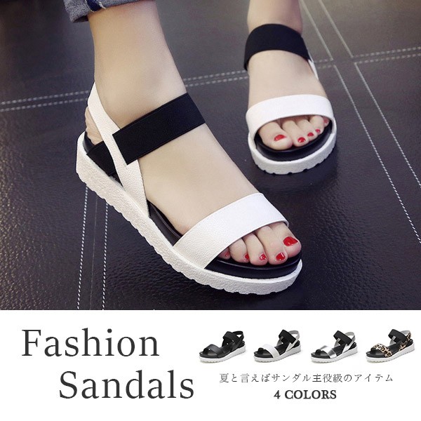 送料無料 フラットサンダル レディース ぺたんこ ゴムベルト 歩きやすい 痛くない 疲れにくい オフィス シンプル 白 黒 シルバー の通販はau Pay マーケット サンク