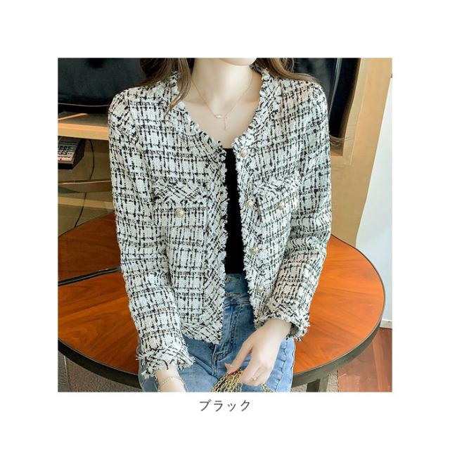 レーストリム ツイードジャケット ショート ノーカラー 亜麻入り レーストリム ツイードジャケット ショート ノーカラー 亜麻入り