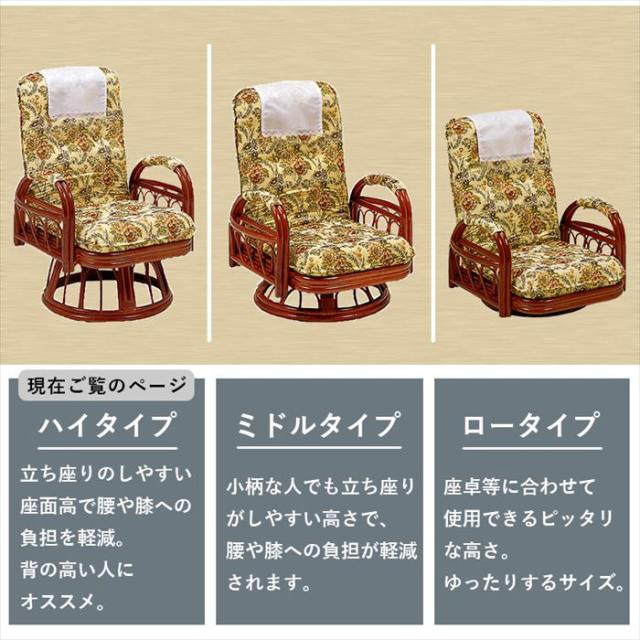 座椅子 回転式 リクライニング 通販 RZ-923 回転座椅子 肘付き 座いす 肘掛け リクライニングチェア 回転いす ハイバック ミドルタイプ 籐製 ラタン 360度回転 高齢者 おしゃれ 花柄 シンプル 家具 インテリア_9