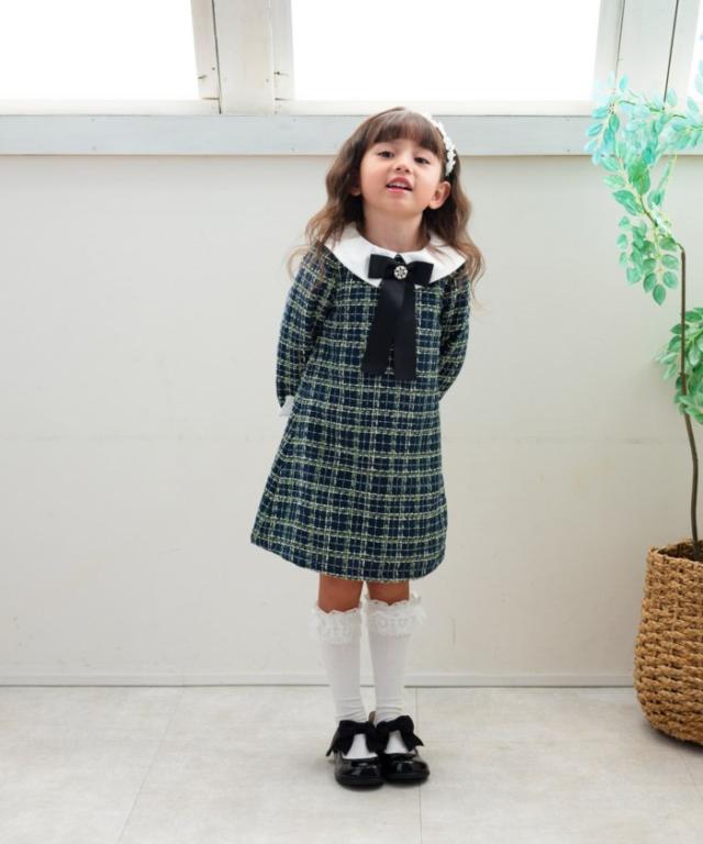 Rora ワンピース 通販 パハリータ ブローチ付きワンピース 子供服 ワンピ 長袖 フォーマルワンピース ツイード リボン 女の子 キッズ 子供 こども 子ども 入園 卒園 入学 結婚式 パーティー おしゃれ かわいい オシャレ 可愛い オールインワン 子ども服 キッズファッション_1