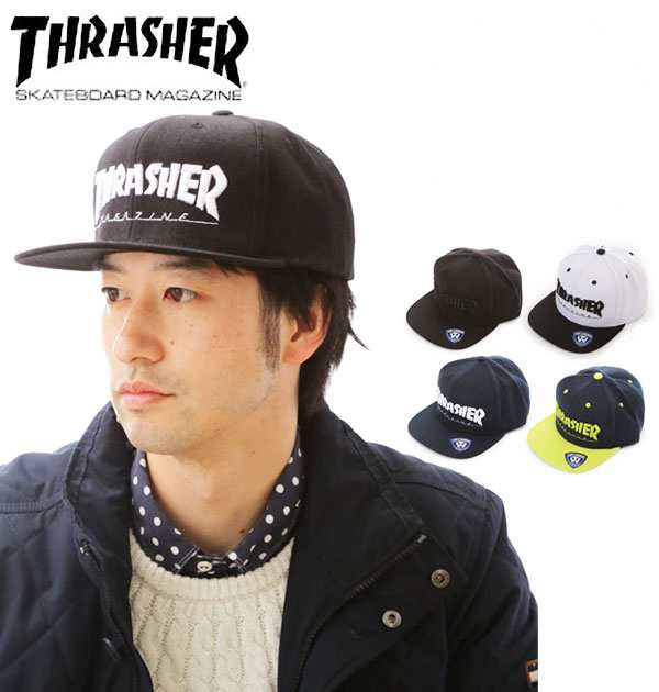 スナップバック スラッシャー THRASHER キャップ 帽子 ライム ネイビー 定番 ホワイト 白 ブラック 黒 THRASHER MAG mag  logo cap 平つば｜au PAY マーケット