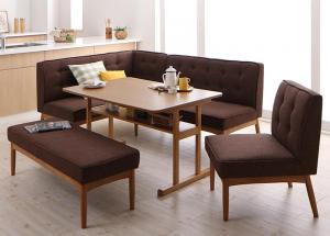 【ソファカラー:ブラウン】ダイニングセット（テーブル&ソファ チェア ベンチ） 北欧デザインリビングダイニングセット 6人 5点セット(テーブル+ソファ1脚+アームソファ1脚+チェア1脚+ベンチ1脚) 左アーム W120の通販は 168,197円