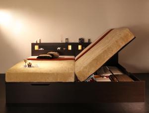 【フレームカラー:ダークブラウン】ベッド 収納付きベッド マットレス付き 収納付 収納ベッド 跳ね上げ 跳ね上げベッド 宮付き ライト付 コンセント付 お客様組立 薄型プレミアムポケットコイルマットレス付き 横開き セミダブル 深さグランドの通販は