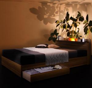 【フレームカラー:ウォルナットブラウン】モダンライト・コンセント付き収納ベッド  マルチラススーパースプリングマットレス付き セミダブル ※組立設置付※の通販は