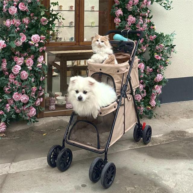 ペットカート犬 バギー 多頭 上下2段式 小型犬 中型犬 猫 ワンタッチ 折り畳み コンパクト 4輪 前輪360°回転 後輪ブレーキ付き 耐荷重25KG 上段10KG 下段15KG 多頭飼い対応 お出かけ 散歩 通院 介護用 収納便利 軽量 犬用ベビーカー 組み立て簡単_1