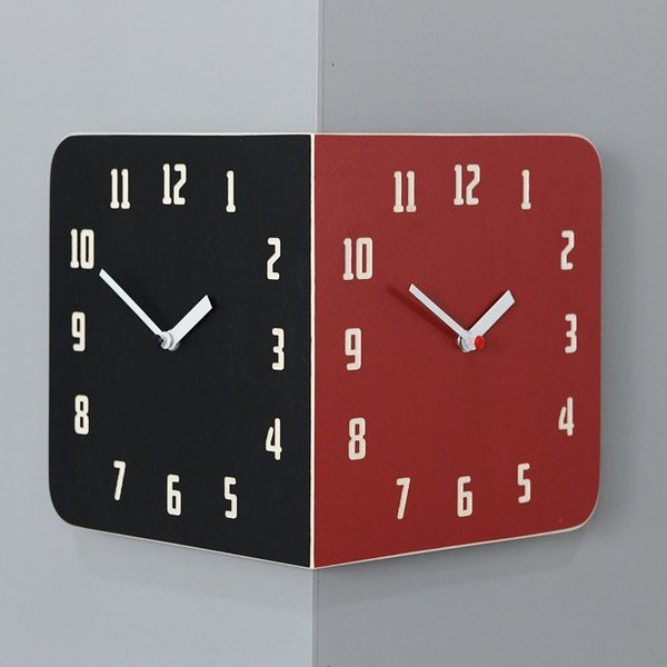 電波時計 Morden Retro Round Corner Clock (Black&Red) コーナー両面時計 ハンドメード 木製両面壁掛け時計 