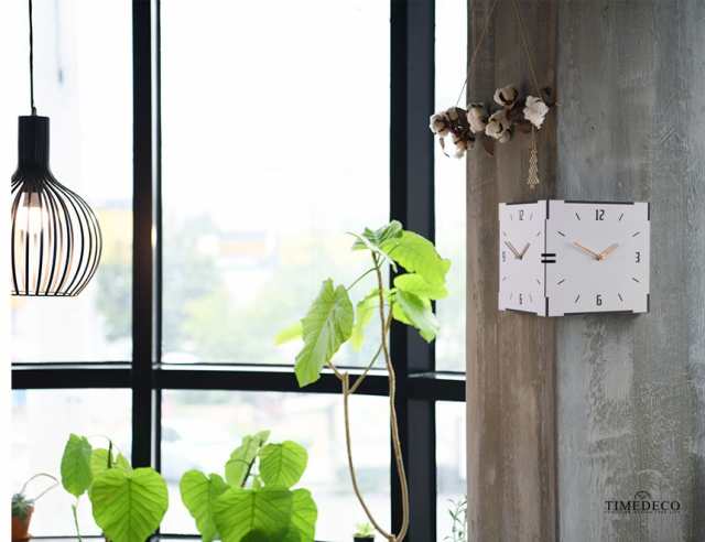 コーナー両面時計 ハンドメード 木製両面壁掛け時計 おしゃれ 掛時計 北欧 時計
