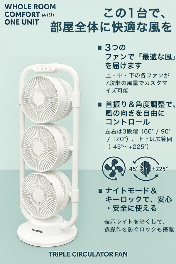 サーキュレーター 扇風機 3連サーキュレーターファン DCモーター リモコン 角度調整 風量個別設定 首振り機能 ナイトモード キーロック お手入れ簡単 RM-232H_1